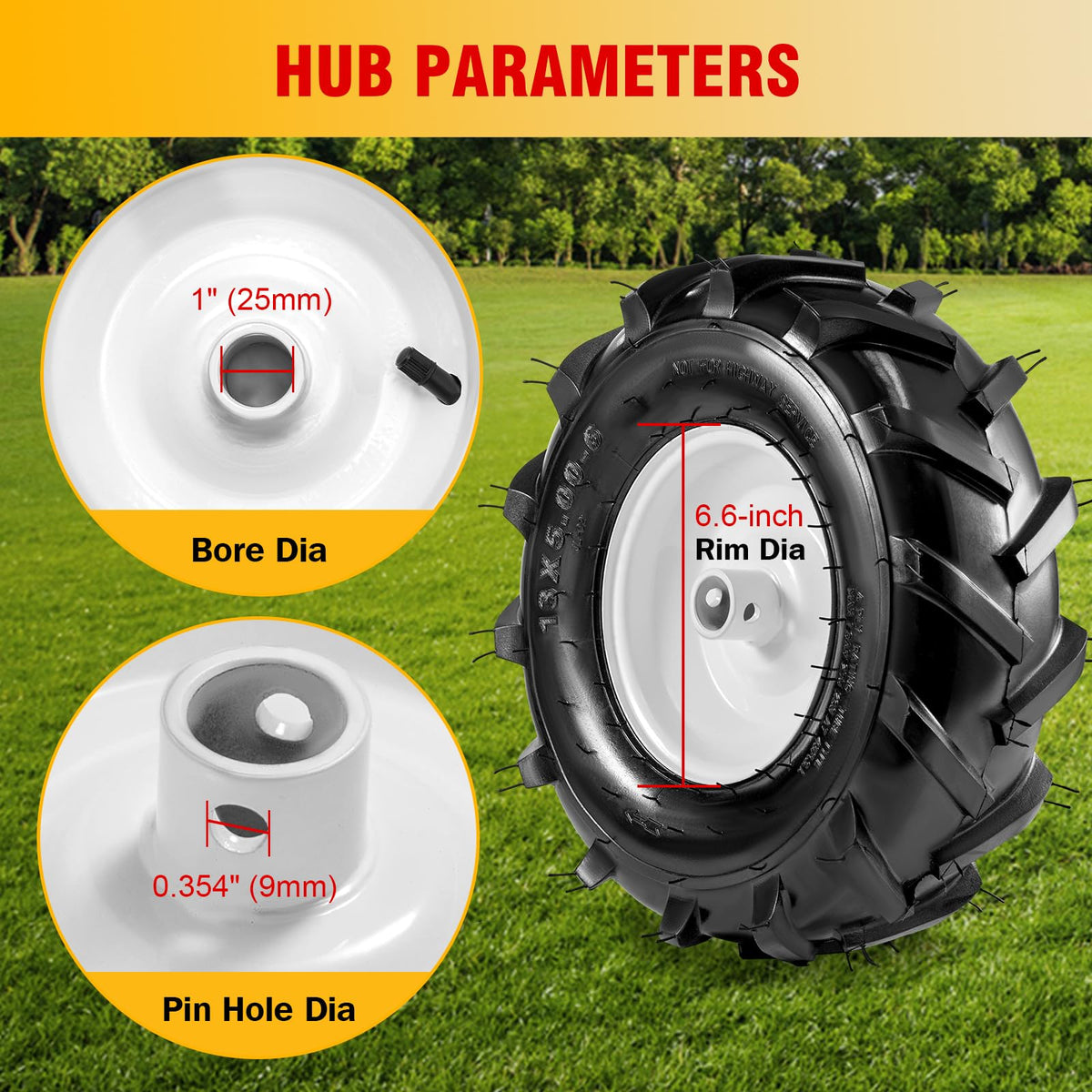 Soiiw tiller tire centered hub length 3-1-8 inch for stable mounting.
