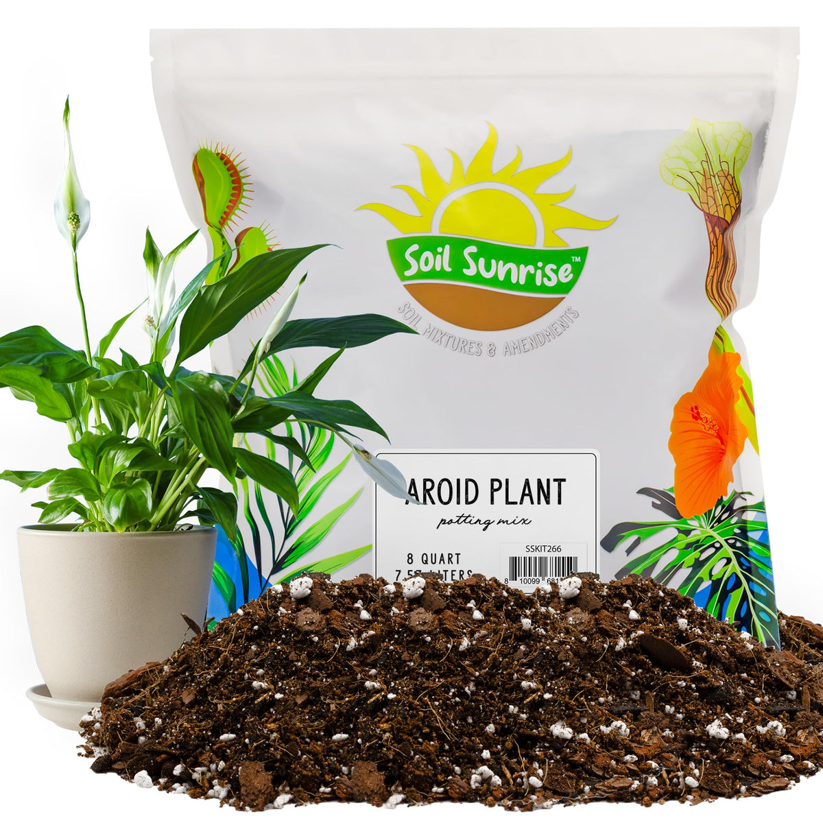 Soil Sunrise Aroid potting soil mix 8qt bag label highlights natural formula for healthy roots
