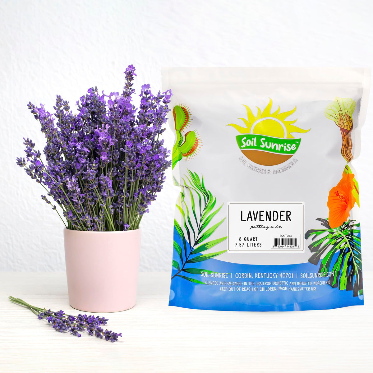 Soil Sunrise container garden with lavender demonstrates balanced aeration and moisture retention.