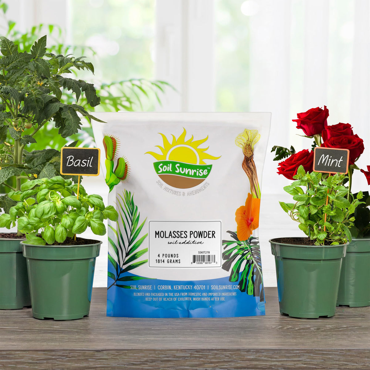 Soil Sunrise dry molasses powder bag highlights compost friendly soil amendment for gardens