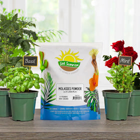 Soil Sunrise dry molasses powder bag highlights compost friendly soil amendment for gardens