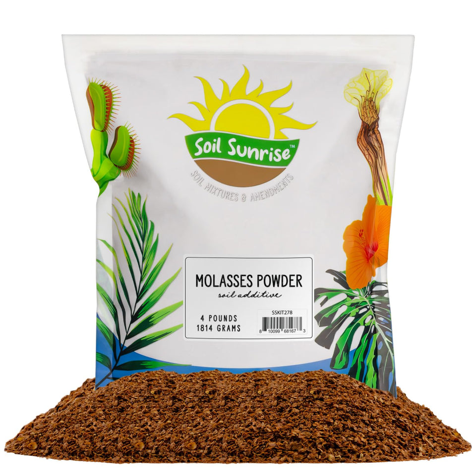Soil Sunrise dry molasses powder bottle boosts soil nutrients for thriving container plants