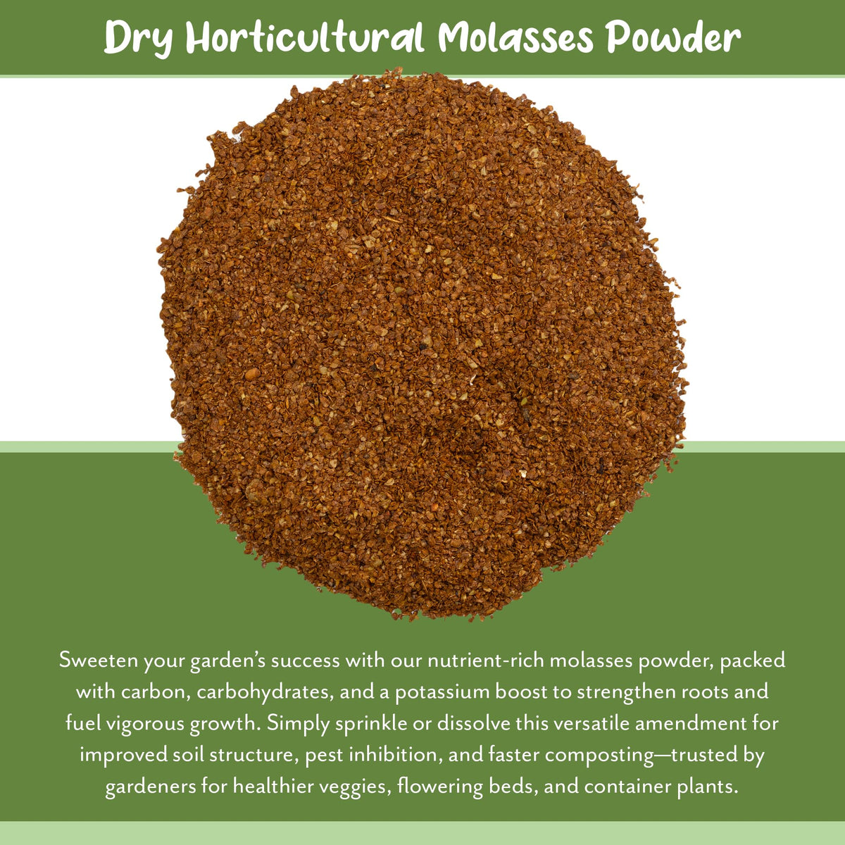 Soil Sunrise dry molasses powder bottle beside a plant demonstrates nutrient support