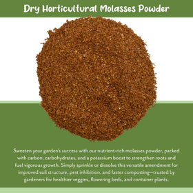 Soil Sunrise dry molasses powder bottle beside a plant demonstrates nutrient support