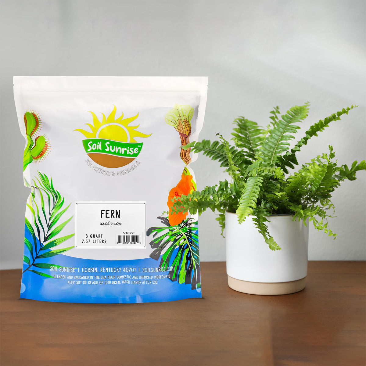 Soil Sunrise fern mix bag label highlighting custom hand blend.