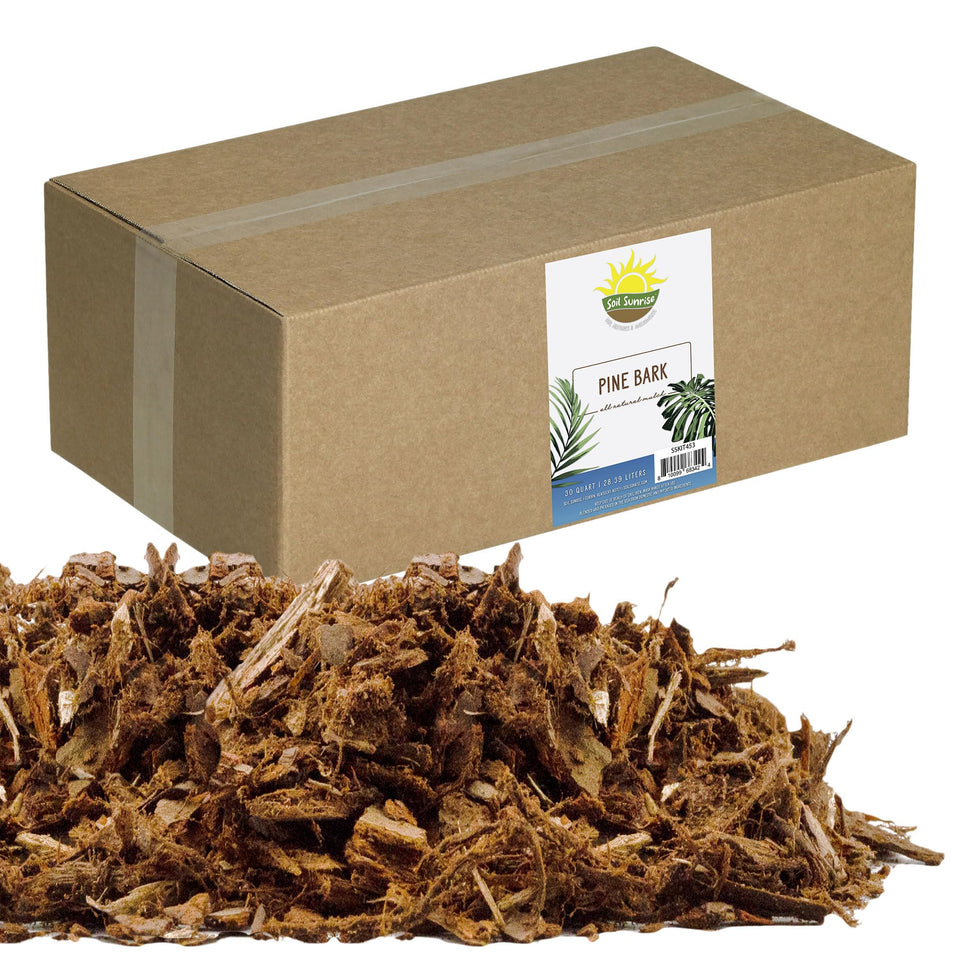 Soil Sunrise pine bark mulch nuggets in bag front view for natural texture and soil aesthetics.