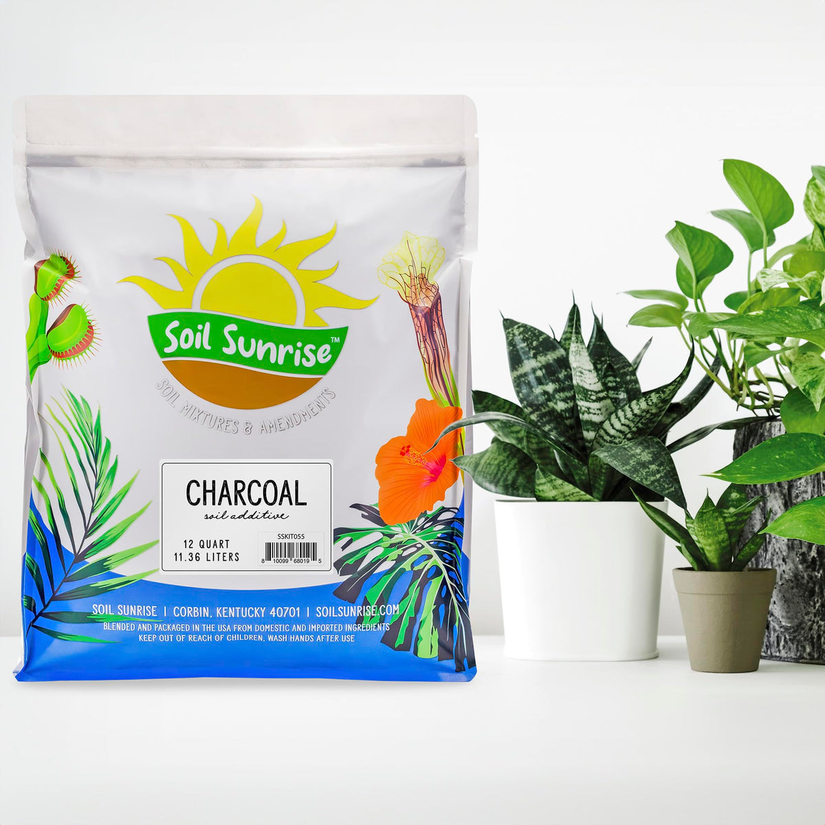 Soil Sunrise charcoal chips mixed with potting soil for better drainage