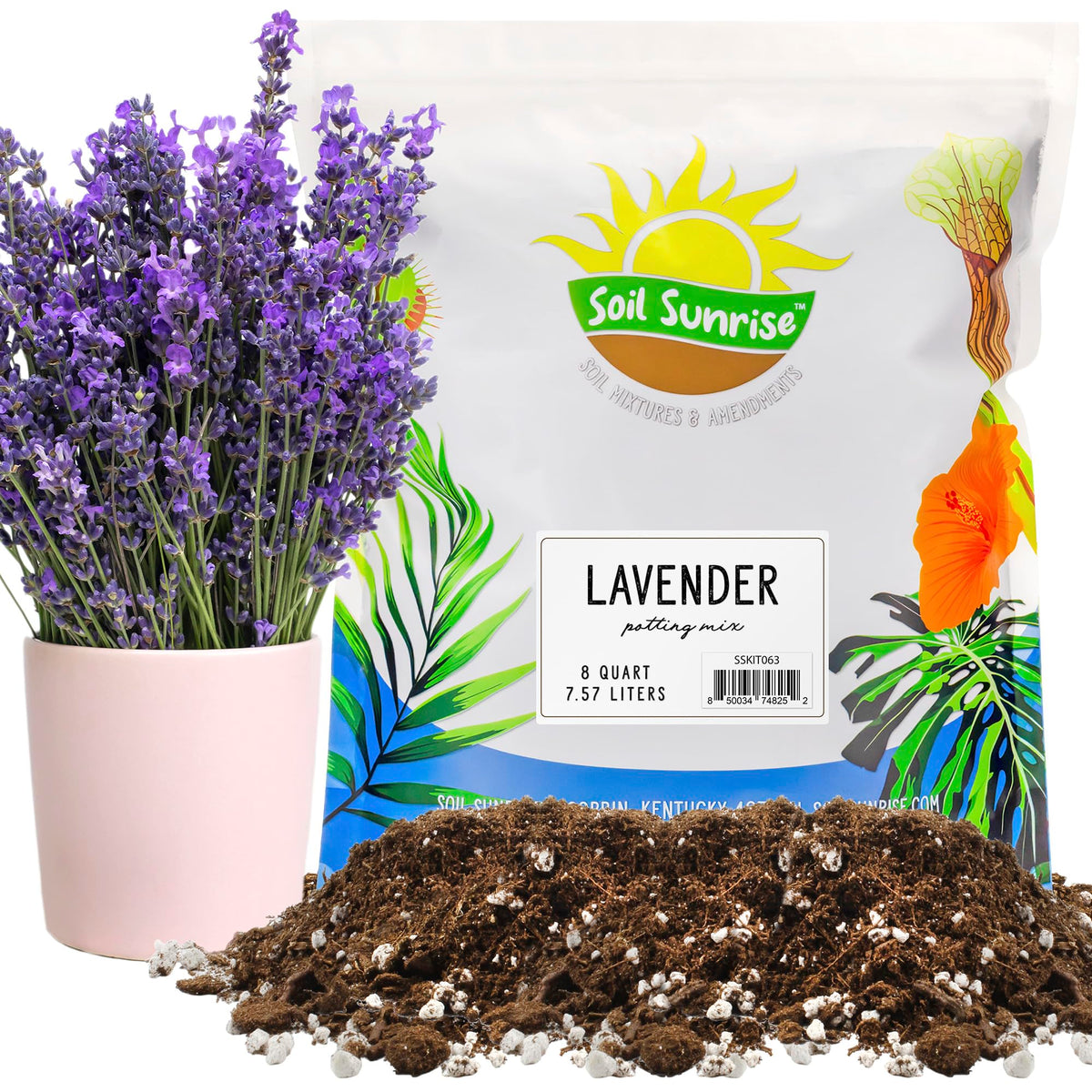 Soil Sunrise lavender potting soil in a bag, ideal for container lavender growth.