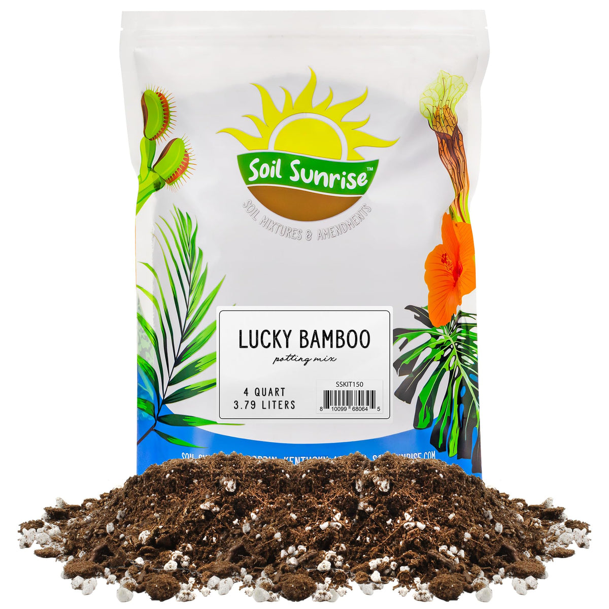 Soil Sunrise Lucky Bamboo potting mix bag label shows 4 quarts and natural formula