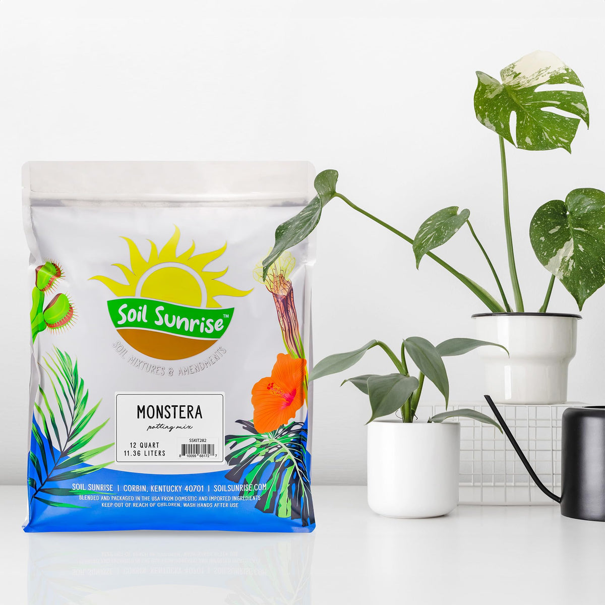 Soil Sunrise Monstera potting mix bag close-up highlights natural ingredients.