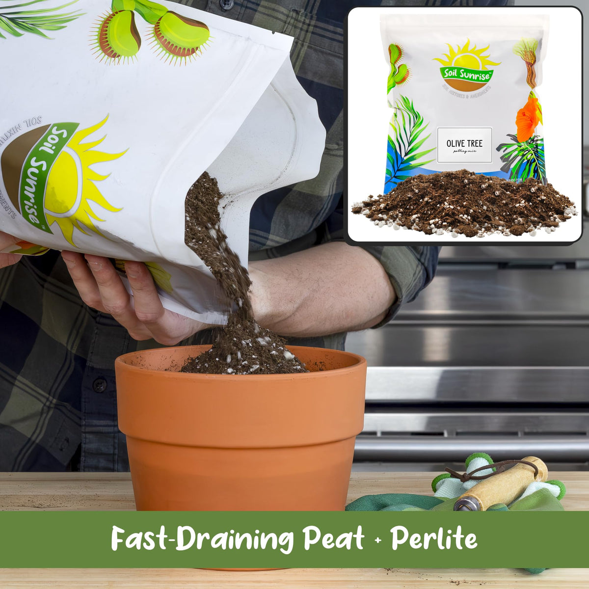 Soil Sunrise bag with 8-quart label indicates volume for 12-inch pots.
