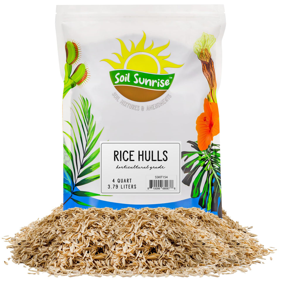 Soil Sunrise rice hulls bag closeup showing natural organic bedding and soil conditioner.