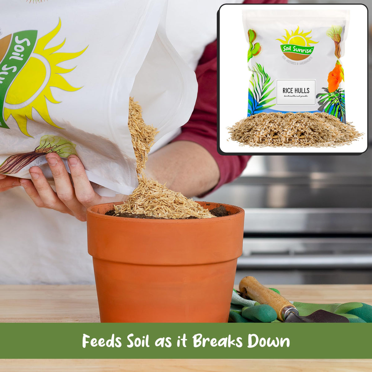 Soil Sunrise rice hulls in pot providing aeration and roots-friendly drainage