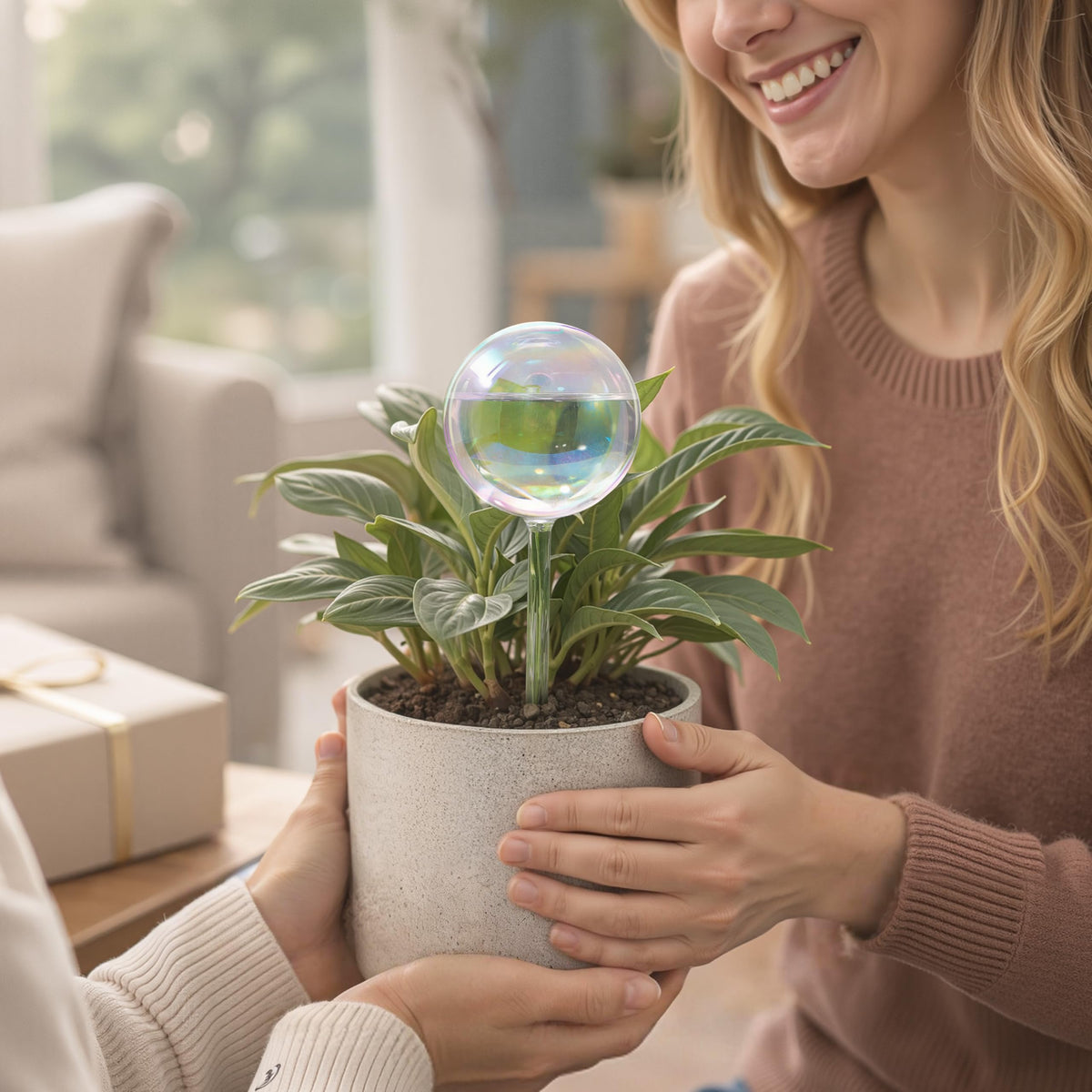 Soilagua irrigation globe in herb pot demonstrates effortless daily hydration.