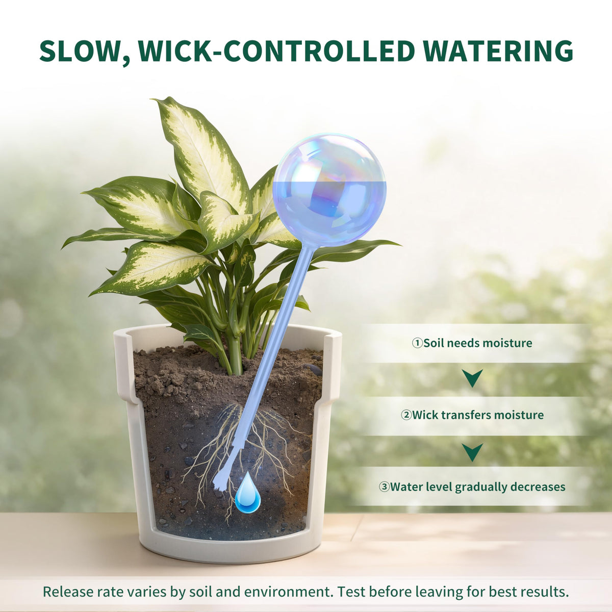 Soilagua iridescent glass bulb in soil supports balanced moisture levels.