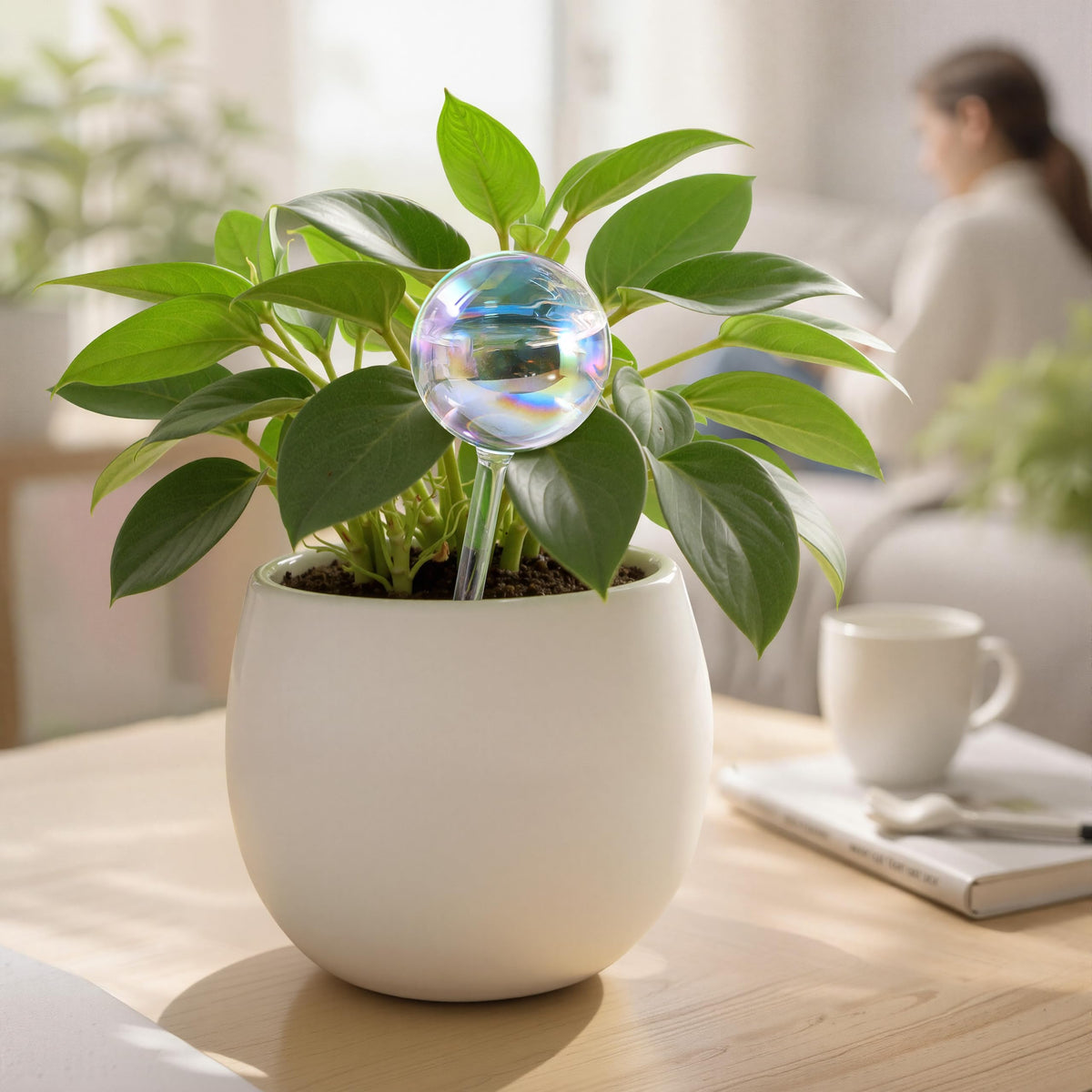 Soilagua self-watering globe with iridescent glow maintains soil moisture