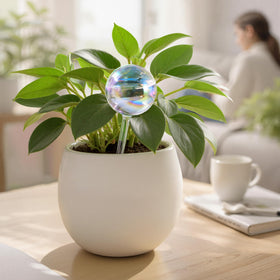 Soilagua self-watering globe with iridescent glow maintains soil moisture