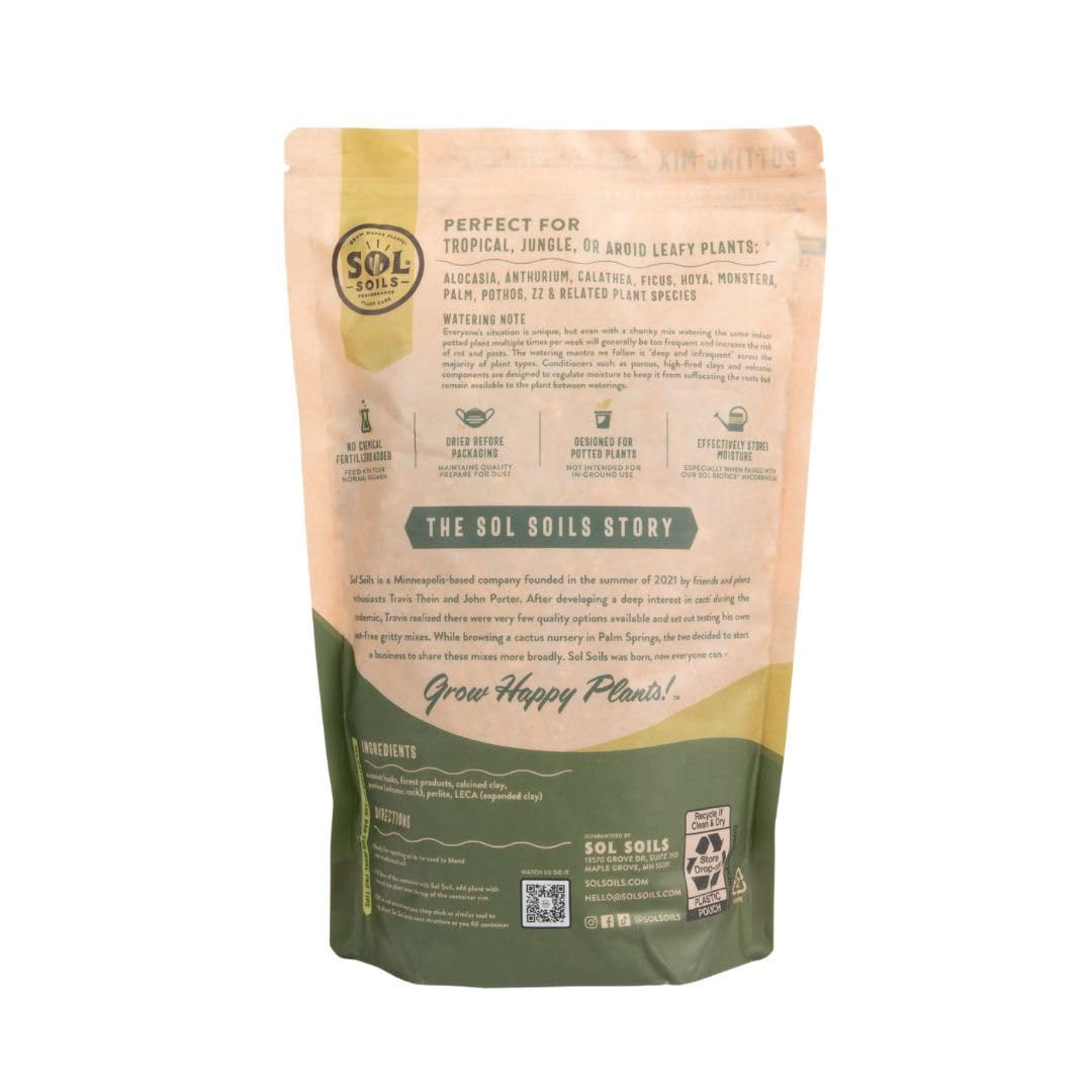 Sol Soils Chunky mix with perlite and pumice supports fast drainage.