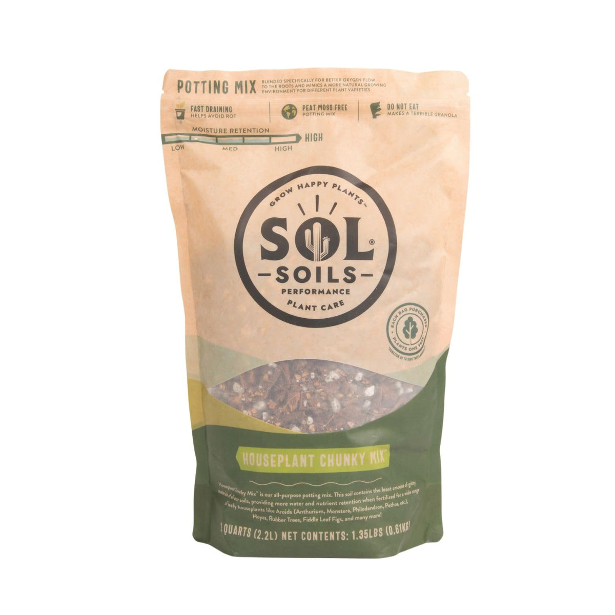 Sol Soils Chunky Houseplant Mix bag opened shows airy coco chips for healthy roots.