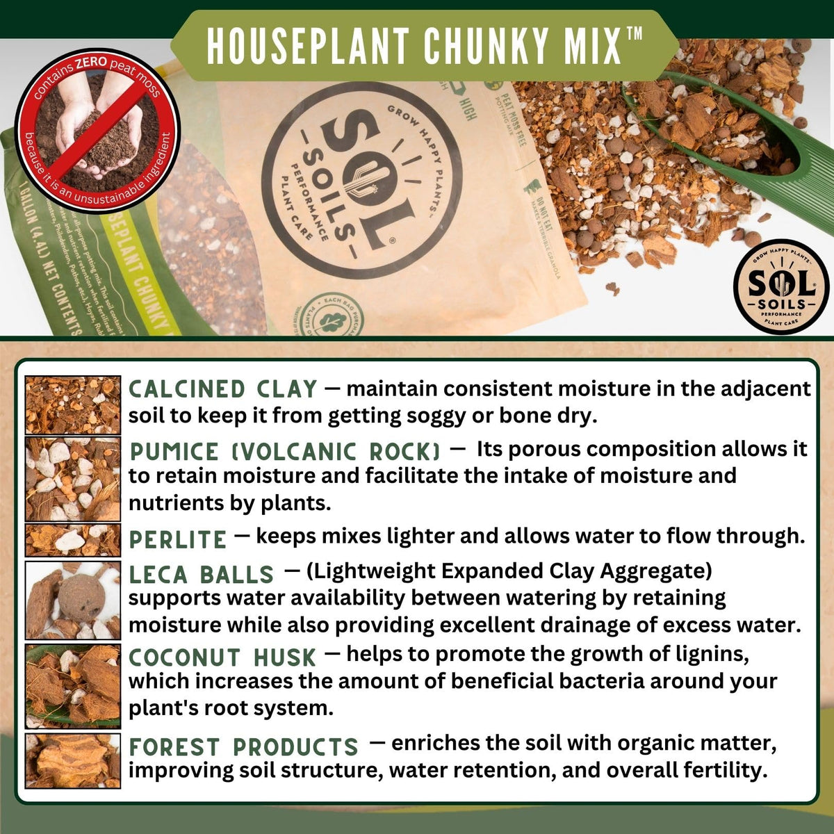 Sol Soils peat-free coco chips support sustainable gardening.