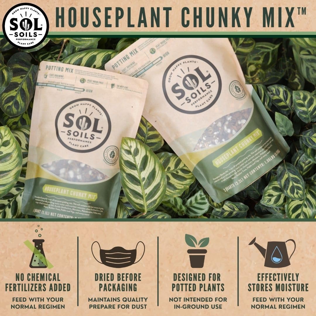 Sol Soils Chunky Houseplant Mix in a pot demonstrates airy substrate ideal for tropical foliage.