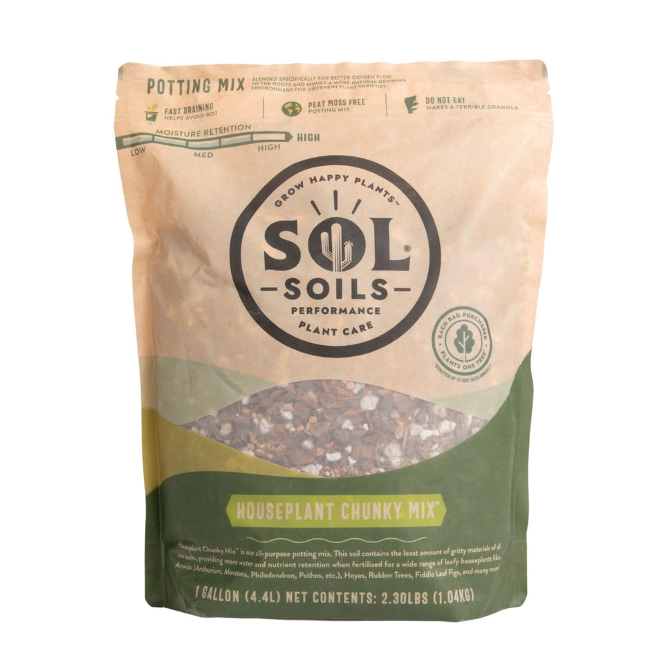 Sol Soils Houseplant Chunky Mix bag front view, sustainable blend for thriving indoor plants, improved drainage.