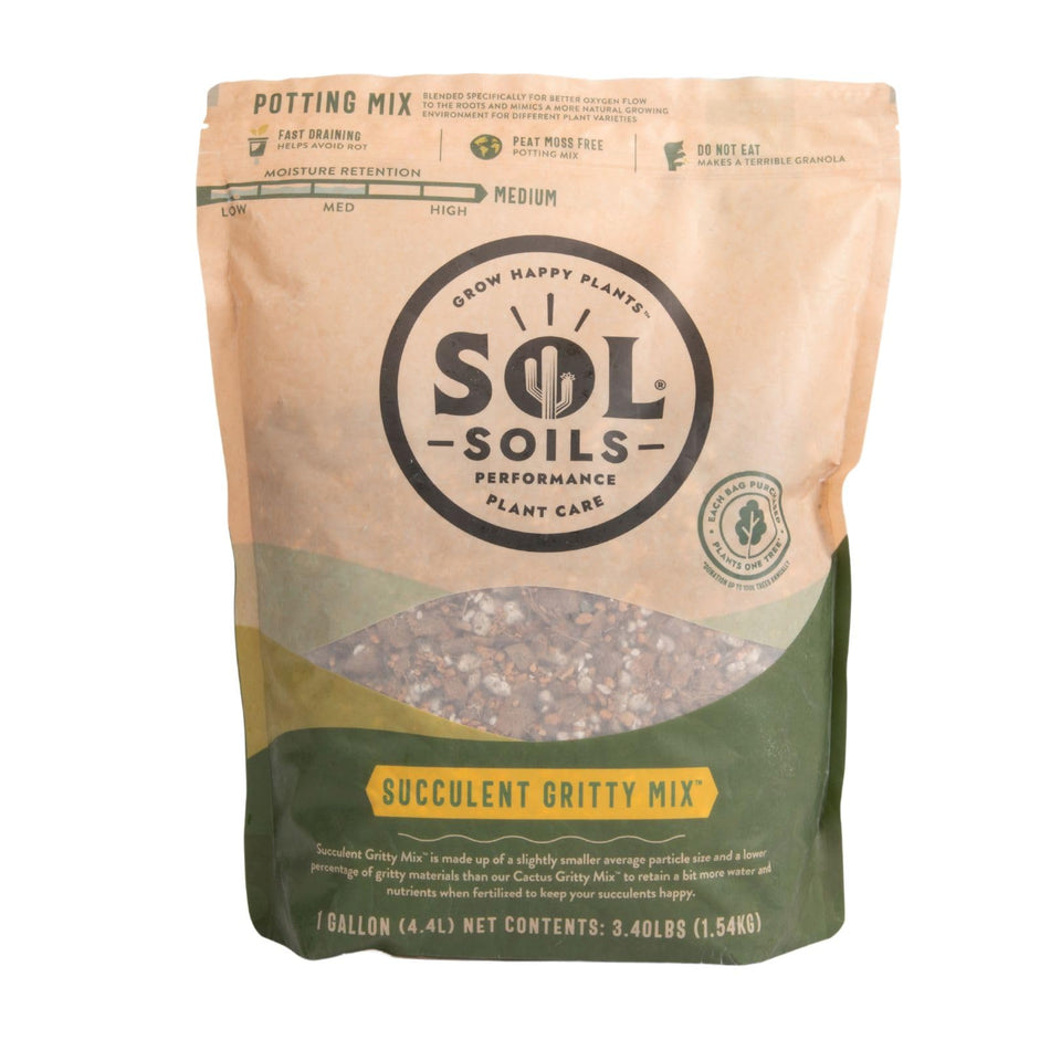 Sol Soils Succulent Gritty Mix bag front demonstrates fast drainage for indoor succulents.