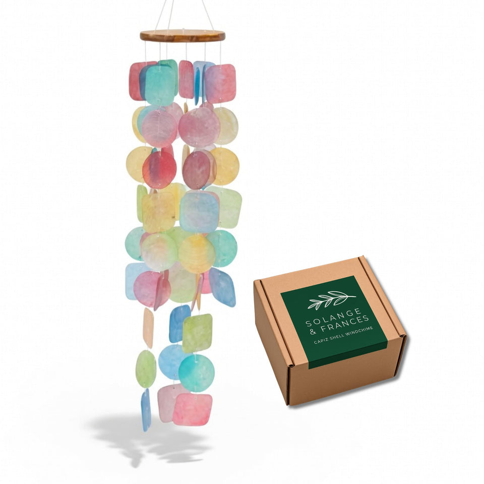Solange and Frances Rainbow Wind Chimes outdoor view highlights vibrant capiz for tranquil evenings.