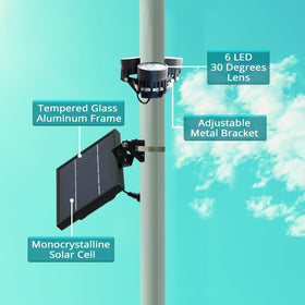 Solar Light Mart M120X mounting brackets show secure, tool-free installation on 2-3 inch poles.