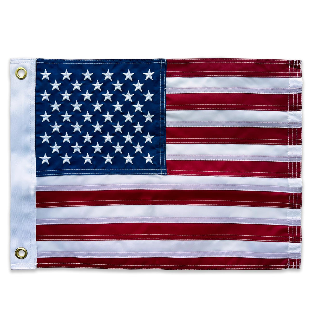 SolarStar American flag with embroidered stars, 12x18, ideal for boat or porch display.