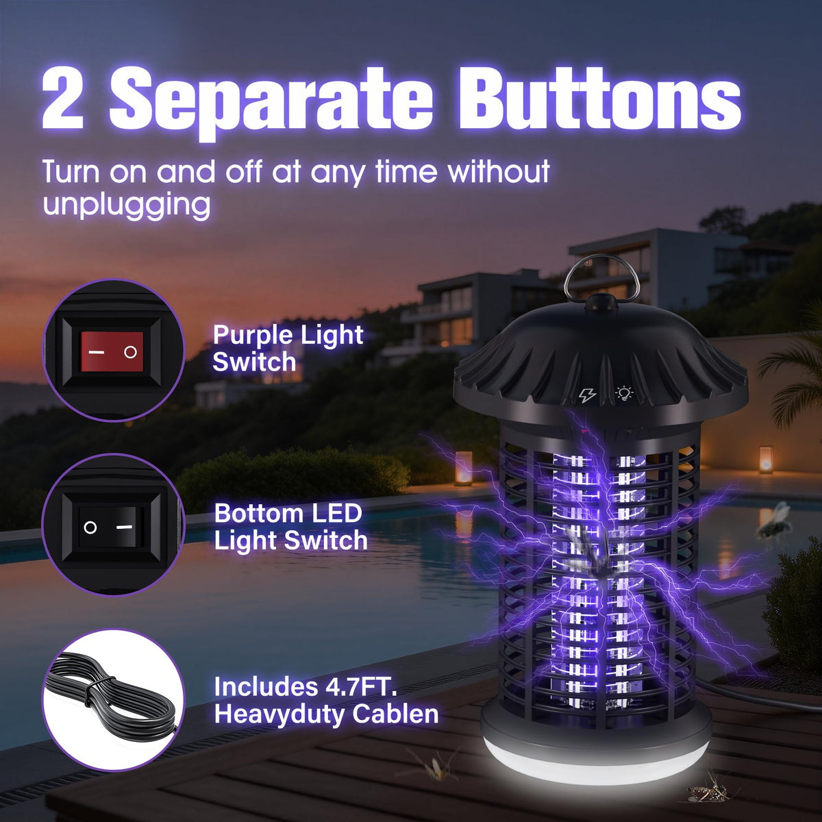 Solarush bug zapper IPX4 waterproof design ideal for outdoor decks and rain.