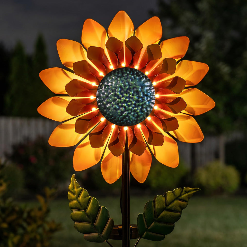 Solgicar Sunflower Wind Spinner with LED glow enhances garden ambiance.