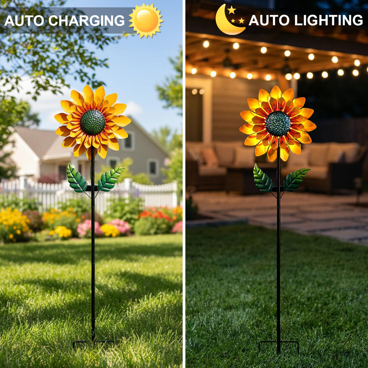 Solgicar sunflower wind spinner in yard shows double-sided petals.