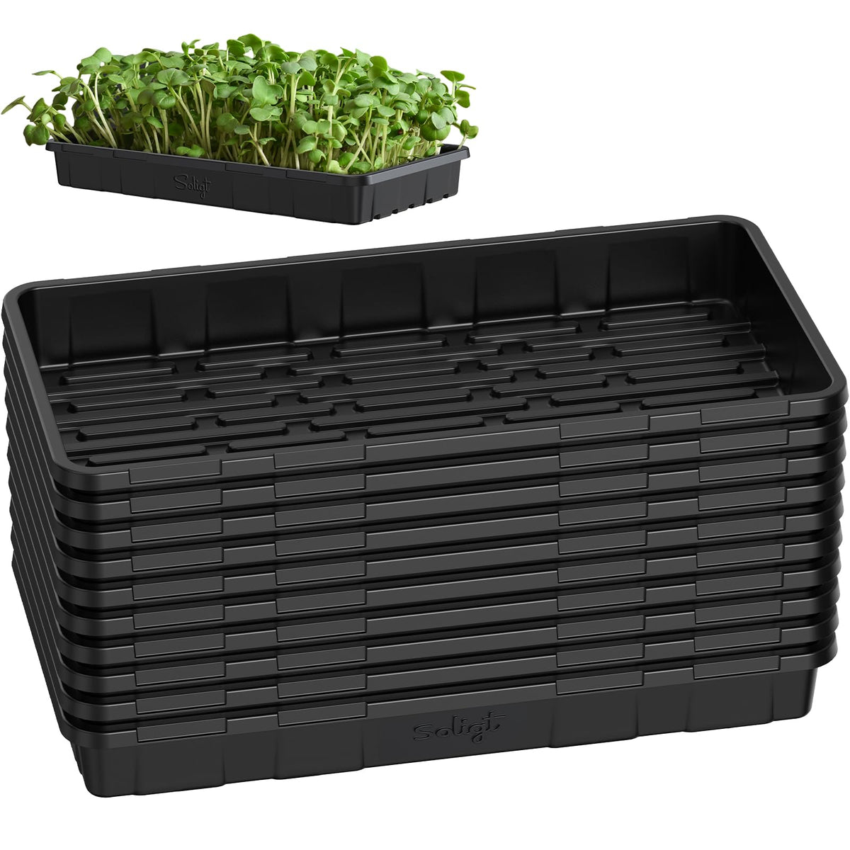 SOLIGT 1020 seed tray close-up shows no hole design for leak-free seed starting.