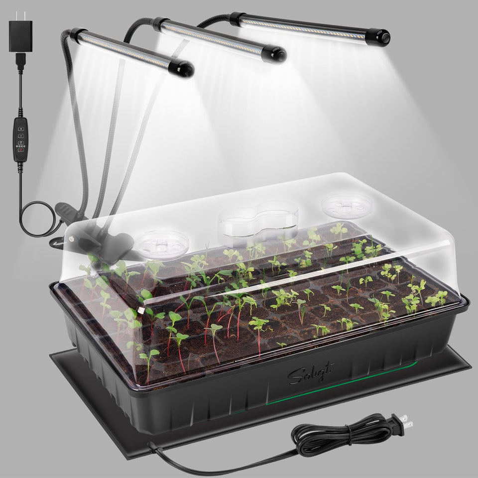 SOLIGT 60-cell seed starter kit setup with grow light for indoor seed germination