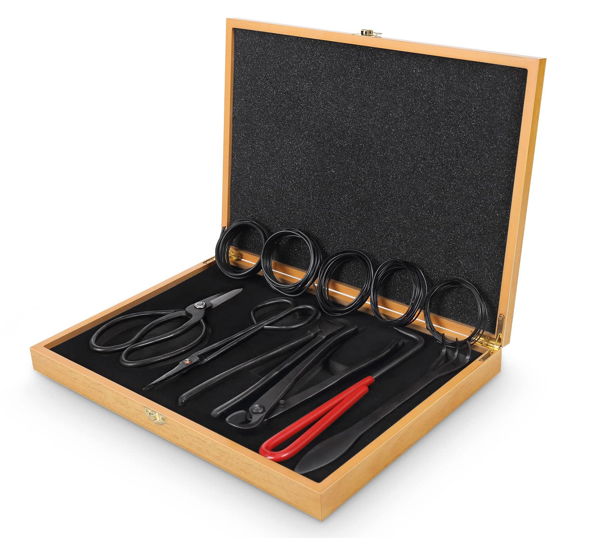 SOLIGT Bonsai Tools Set in a wooden box for organized pruning and storage.