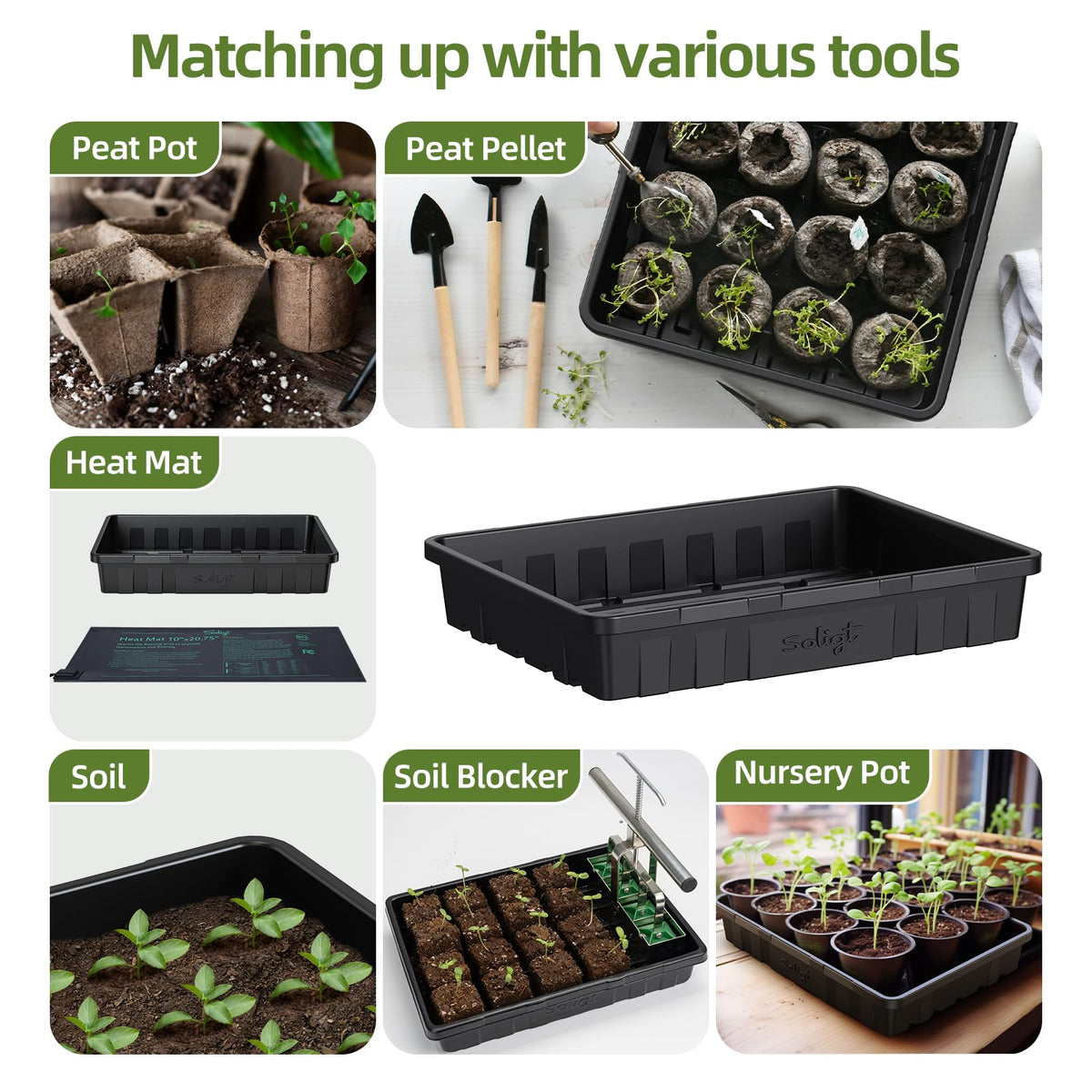 SOLIGT seed tray size 14x10.8x2.3 inches fits compact indoor setups.