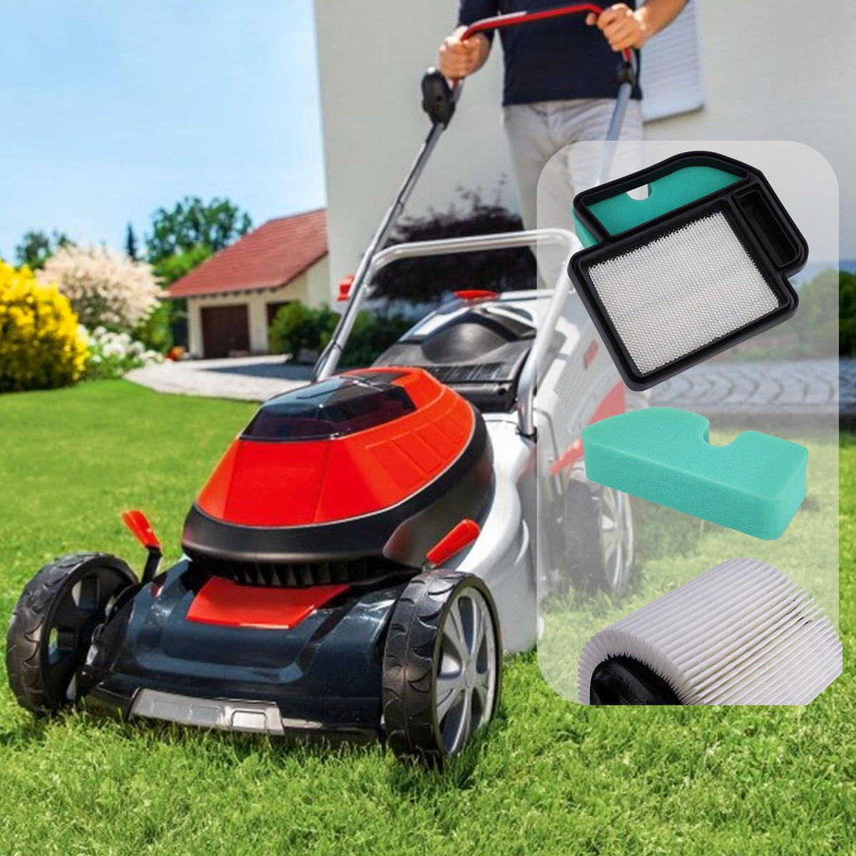 Easy-install air filter demonstrated during routine mower maintenance