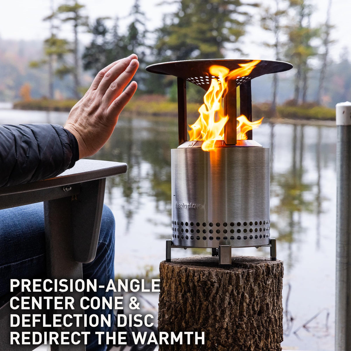 Solo Stove Mesa XL heat deflector center cone and disc focus heat toward guests for enhanced fireside comfort.