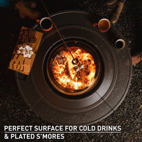 Solo Stove Surround Tabletop adjustable-feet image illustrates stable balance on grass or deck.