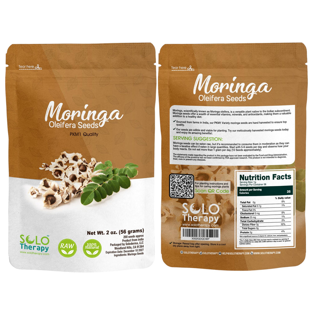 Solo Therapy Moringa seeds 200-count pack, ideal for home planting and fresh harvests.
