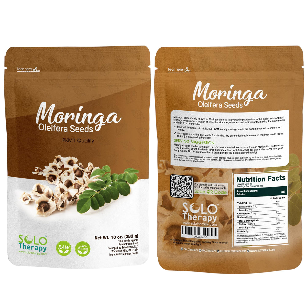 Solo Therapy Moringa Seeds pack showing PKM1 quality for planting and eating.