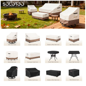 SoloToo patio chair cover rear view shows secure wind-resistant fit with elastic hem