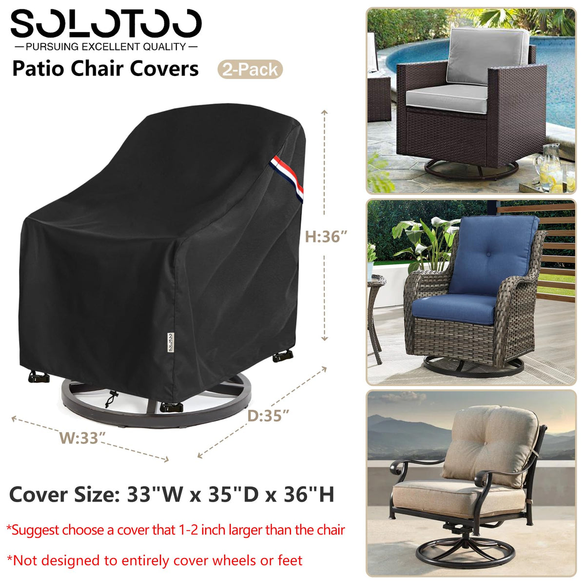 SoloToo patio chair cover side view highlights weatherproof fabric shielding from sun and rain