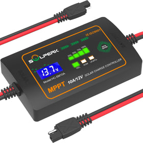 SOLPERK 10A 12V MPPT controller with LCD display showing charging status.