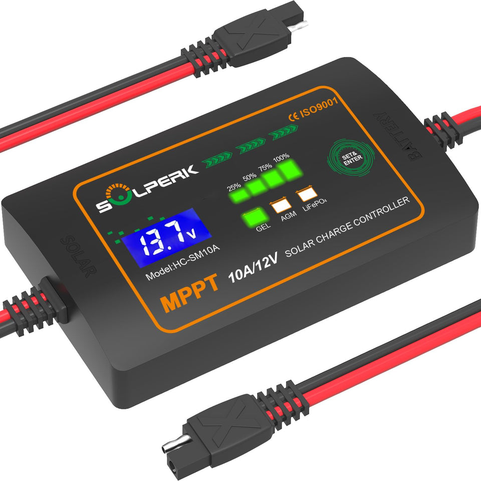 SOLPERK 10A 12V MPPT controller with LCD display showing charging status.