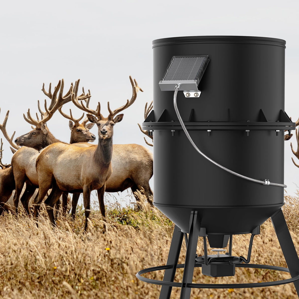 SOLPERK deer feeder setup shows easy clip-on battery connection.