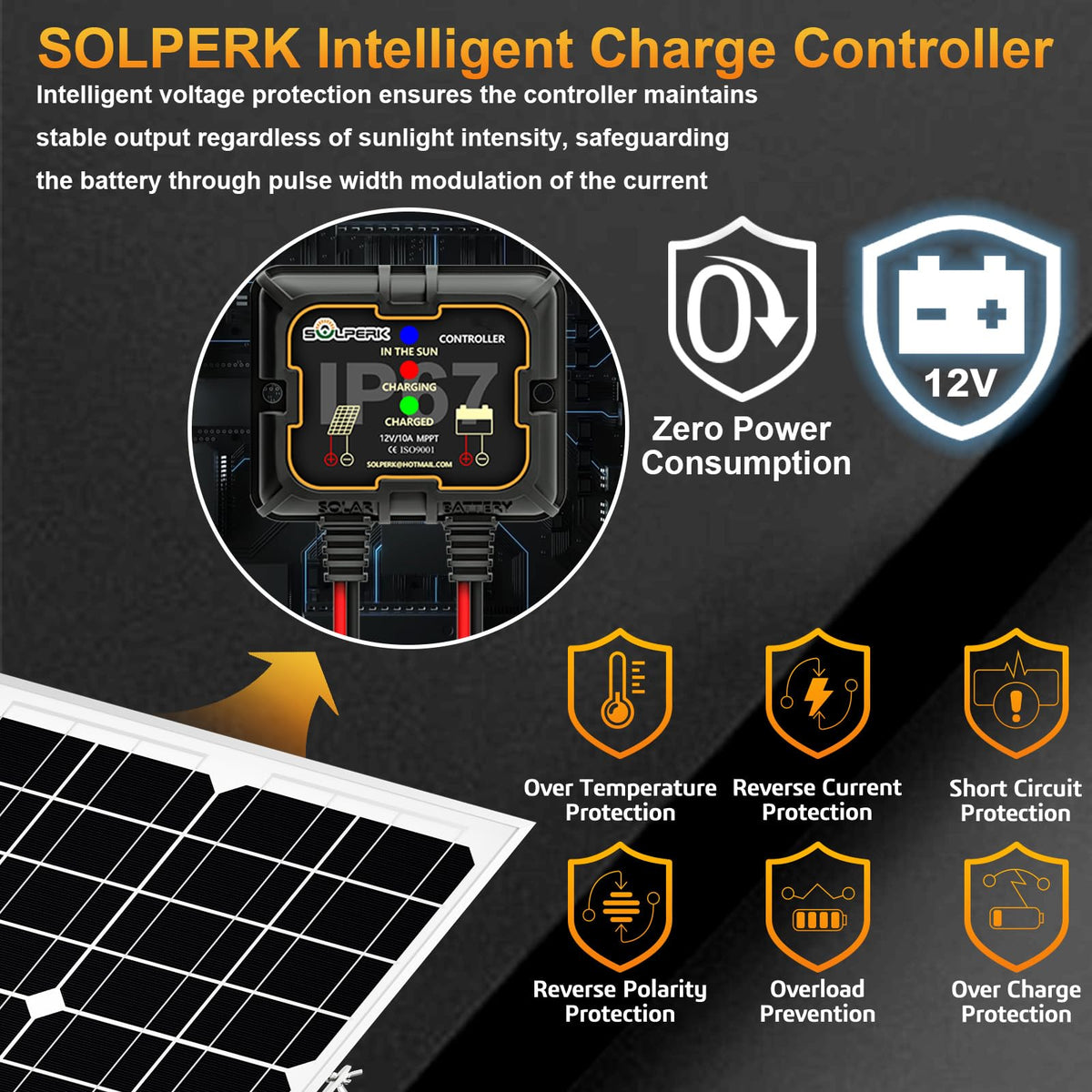 SOLPERK MPPT controller close-up emphasizing smart charging features.