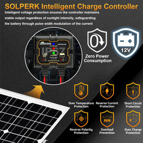 SOLPERK MPPT controller close-up emphasizing smart charging features.