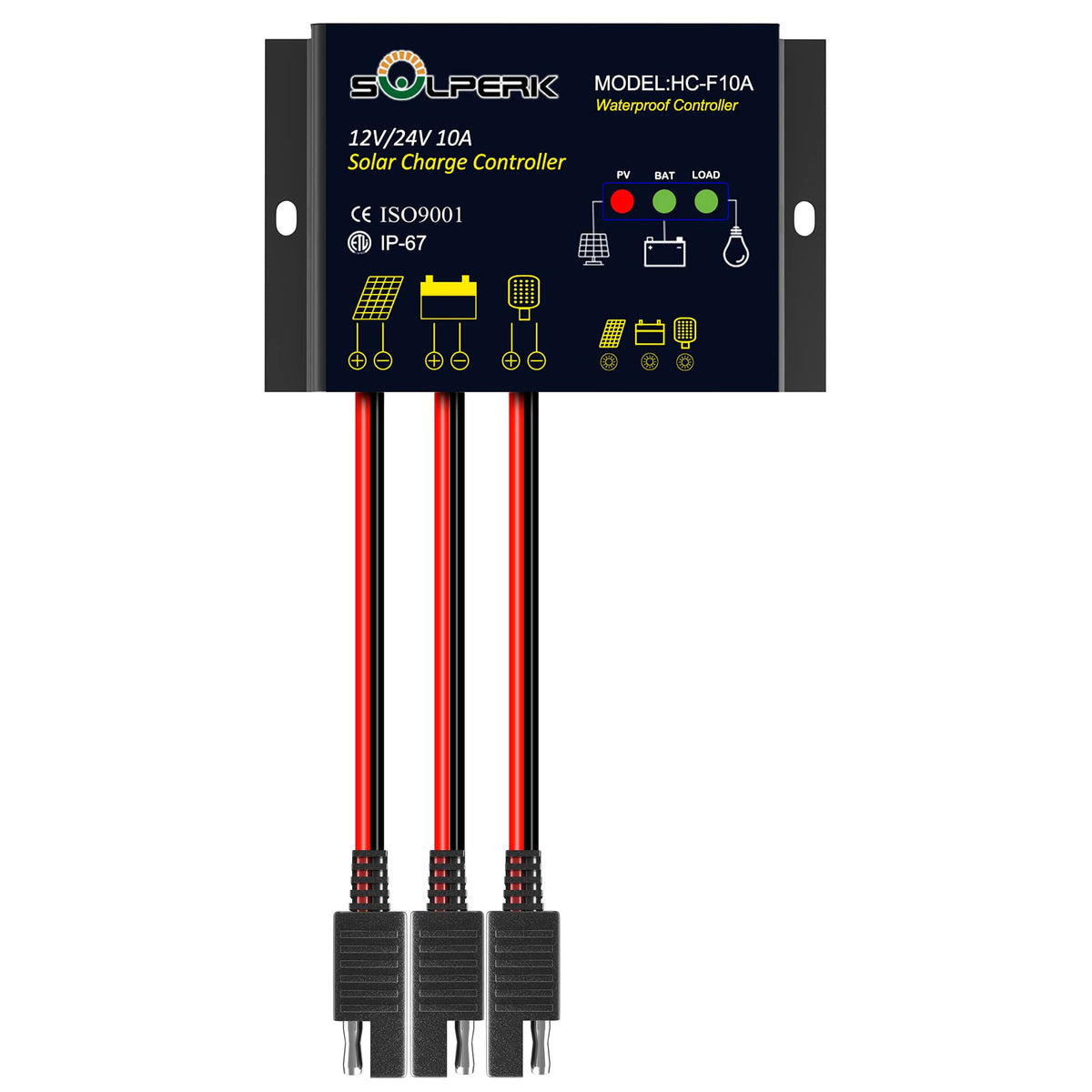 SOLPERK waterproof solar charge controller IP67 front view for outdoor use.
